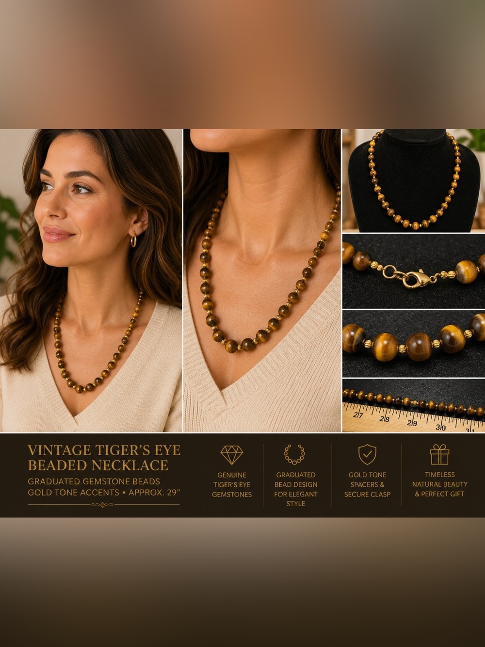 VTG Tiger's Eye Beaded Necklace Graduated Gemstone Beads Gold Tone Accents 29"